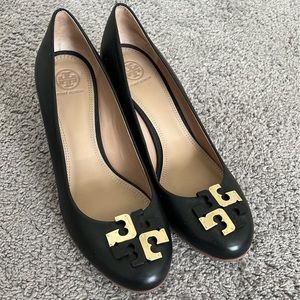 Tory Burch Black Wedges with Gold Accents